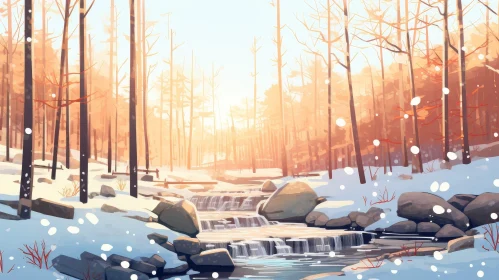 Winter Forest Landscape with Sunlight and River