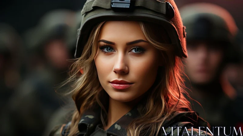 Young Woman in Military Uniform - Serious Expression AI Image