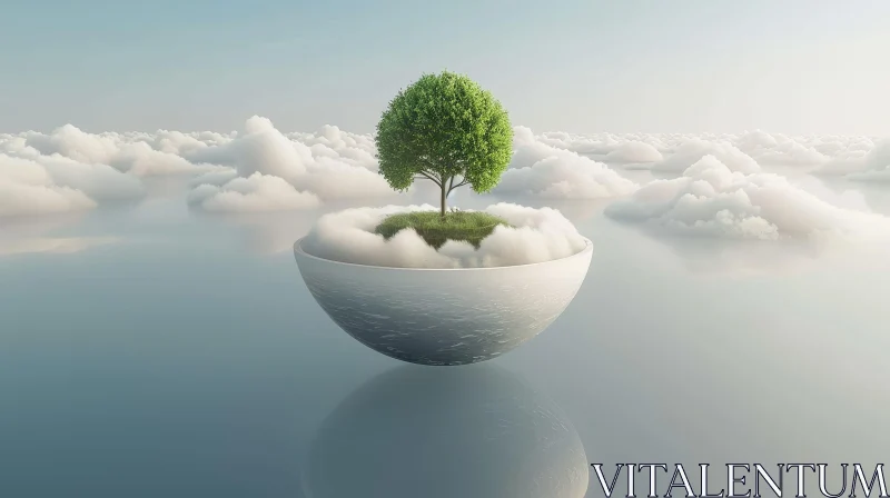 Enchanting Surreal Landscape with Green Tree and Clouds AI Image