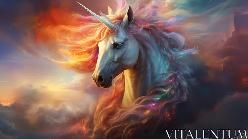 Enchanting Unicorn in Flower Field at Sunset AI Image