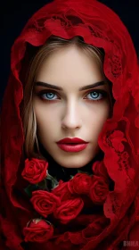 Enigmatic Beauty: Young Woman in Red Lace Headscarf