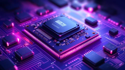 Futuristic Computer Chip on Purple Circuit Board