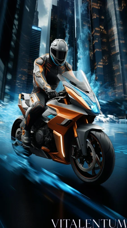 Futuristic Motorcycle Rider in Cityscape AI Image