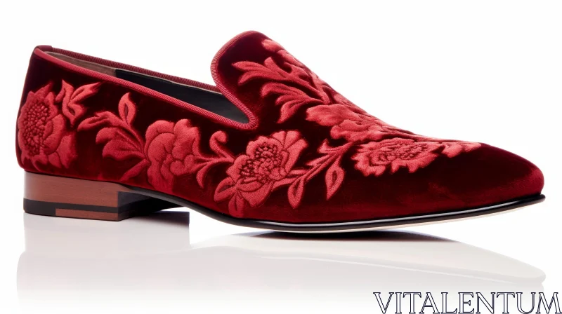AI ART Intricate Red Velvet Slippers with Floral Embroidery