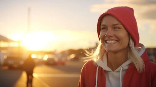 Smiling Blonde Woman at Sunset in a Parking Lot