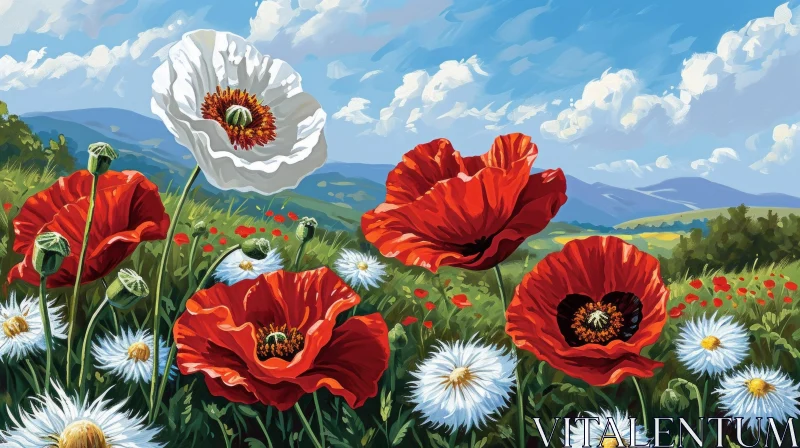 Tranquil Field of Red and White Poppies Painting AI Image
