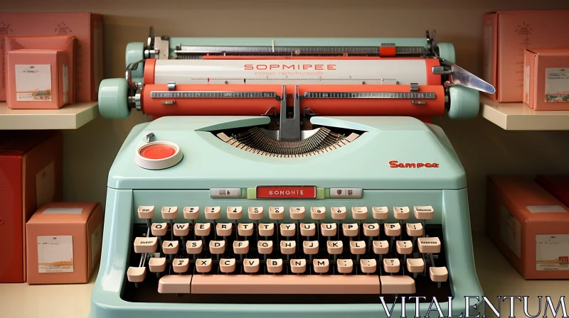Vintage Blue and Pink Typewriter on Shelf AI Image