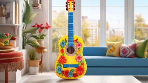Yellow Guitar with Floral Patterns in Living Room
