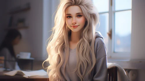 Beautiful Woman Portrait with Long Blonde Hair in Gray Hoodie