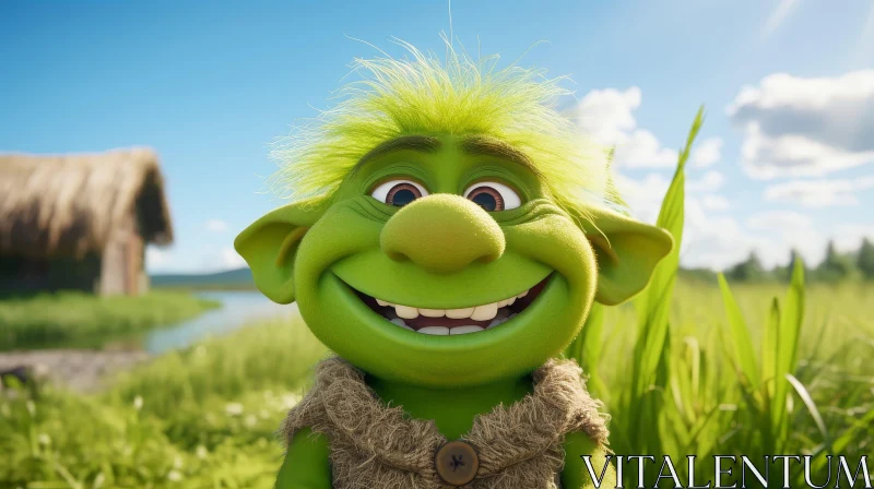 Cheerful Green Troll in a Meadow AI Image
