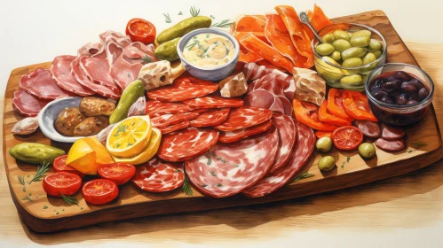 Delicious Watercolor Painting of Cured Meats and Cheeses
