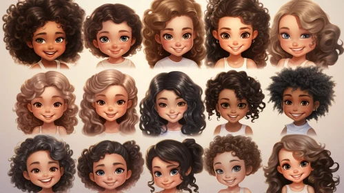 Joyful Cartoon Portraits of Girls with Diverse Hairstyles