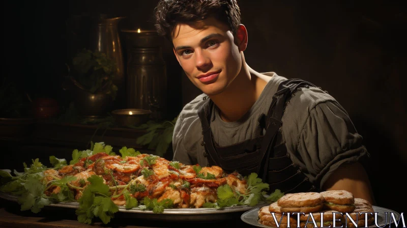 Medieval Tavern Scene with Young Man and Platter of Food AI Image