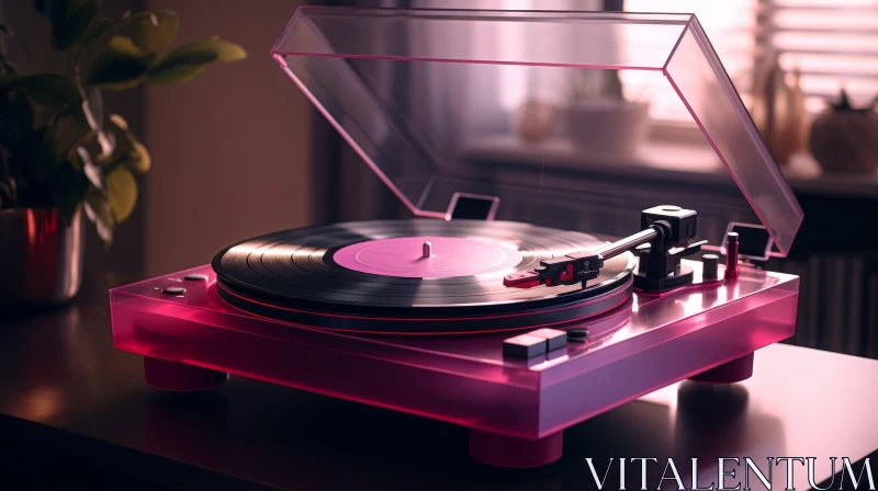 Pink Record Player Close-Up on Wooden Table AI Image