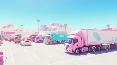 Pink Trucks in Parking Lot with Mountain View