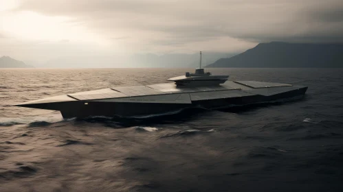 Sleek Black Futuristic Spaceship on Stormy Sea