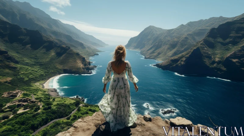 Woman on Cliff Looking at Ocean AI Image