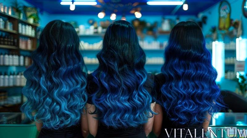 Blue-Haired Women in Hair Salon Waiting for Turn AI Image