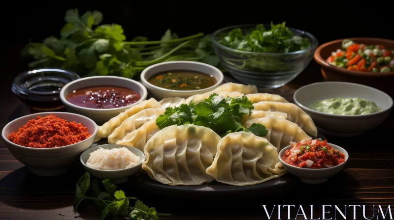 AI ART Delicious Dumplings with Dipping Sauces on Dark Plate