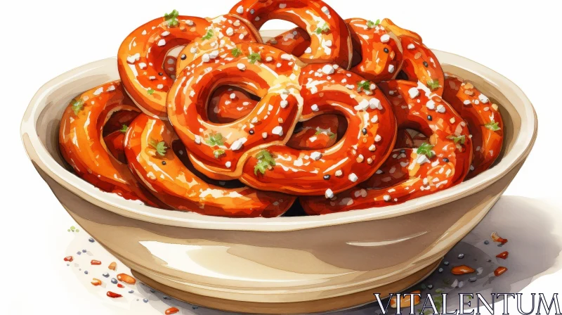 Delicious Watercolor Painting of Pretzels in a Bowl AI Image