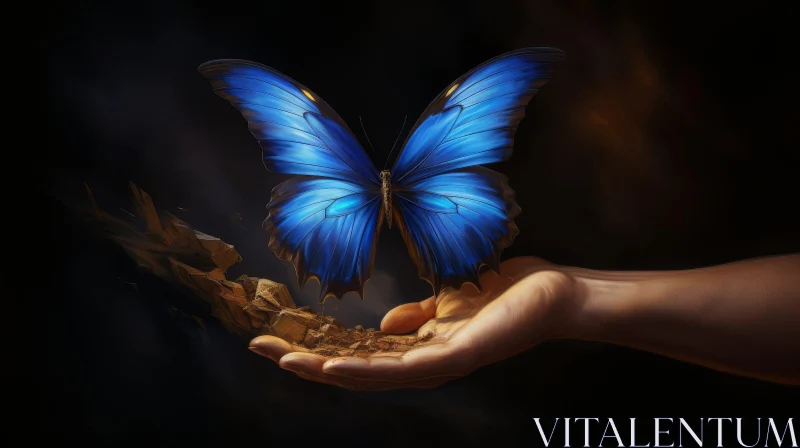 Enchanting Blue Butterfly on Hand - Dark and Moody Photo AI Image