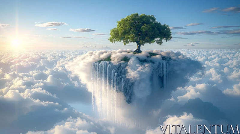 Enchanting Floating Island Landscape with Waterfall AI Image