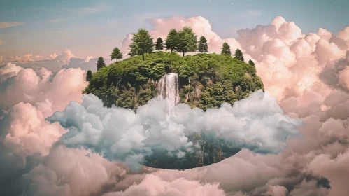 Floating Island Surreal Landscape with Waterfall