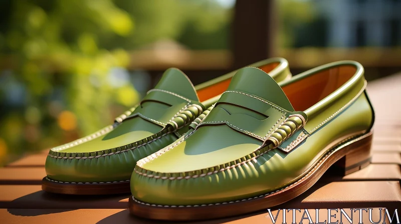 AI ART Green Leather Loafers on Wooden Surface