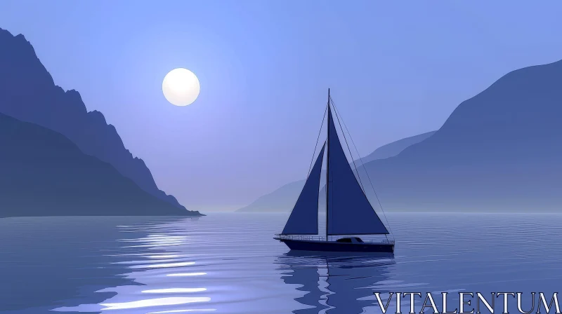 Moonlit Serenity: Lake Landscape with Sailboat and Mountains AI Image