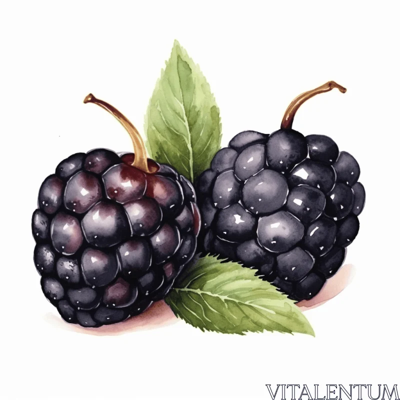 Ripe Blackberries with Leaves - Watercolor Illustration AI Image