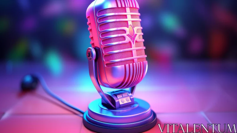 Silver Retro Microphone with Pink Filter and Multicolored Lights AI Image