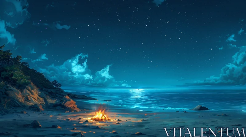 Tranquil Beach Night Scene with Bonfire AI Image