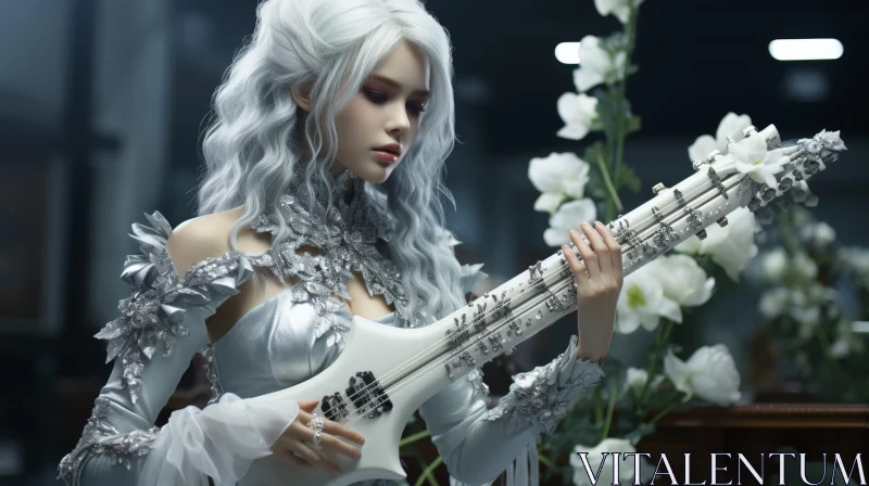 White-haired Woman Playing Guitar in Field of Flowers AI Image