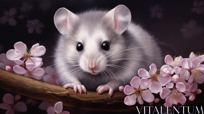 AI ART White Mouse on Cherry Blossom Tree Branch