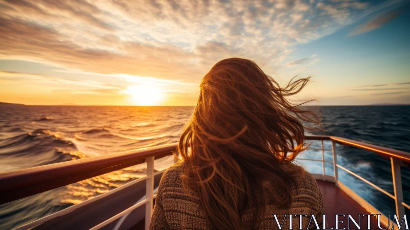 Woman on Ship Deck Watching Sunset over Sea AI Image