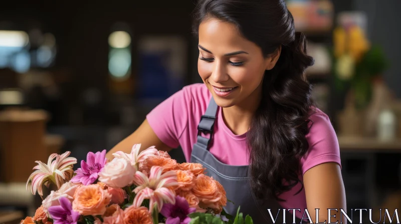 Young Woman Arranging Flowers in Flower Shop AI Image