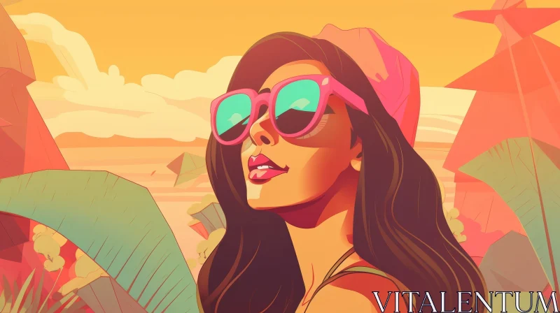 Young Woman Vector Illustration in Pink Hat and Sunglasses AI Image