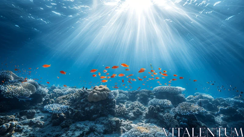 Crystal Clear Underwater Scene with Orange Fish and Sunlight Rays AI Image