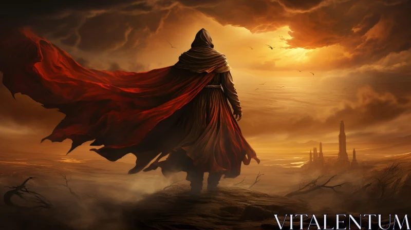Fantasy Painting: Man in Red Cloak on Cliff in Desert AI Image