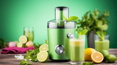 Fresh Green Juicer with Fruits and Vegetables on Wooden Table