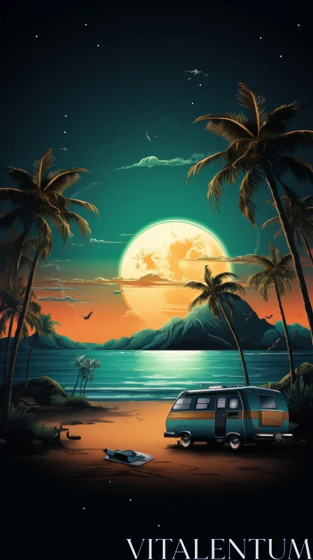 Night Beach Scene with Moonlight and Serene Ambiance AI Image