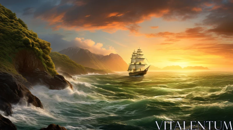 Sailing Ship at Sea Painting - Waves and Mountains AI Image