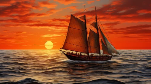 Sailing Ship at Sea Sunset Painting