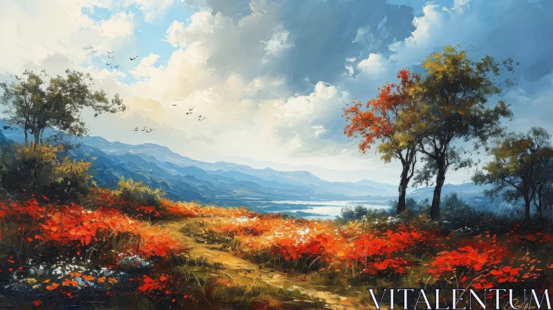 Tranquil Valley Landscape Painting with Snow-Capped Mountains AI Image