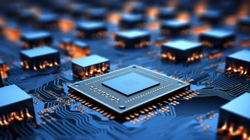 Blue Computer Chip on Circuit Board - Close-Up View