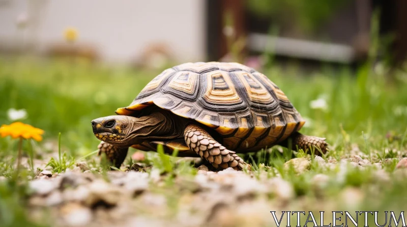 Brown and Yellow Turtle Walking on Grass with Flowers AI Image
