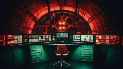 Futuristic Control Room with Red Glowing Console