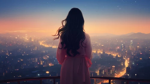 Girl in Pink Dress on Rooftop Overlooking City