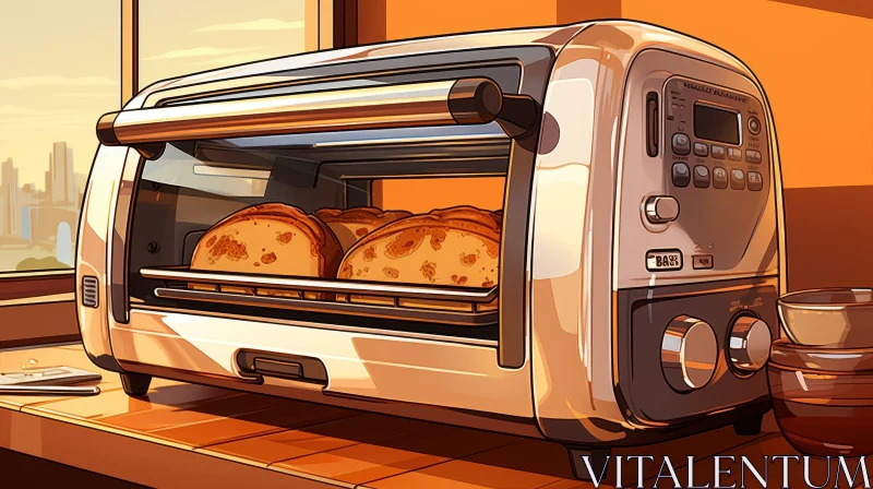 AI ART Silver Toaster Toasting Bread in Kitchen with Cityscape View