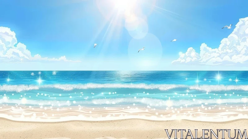 AI ART Tranquil Beach Scene with Sun and Seagulls